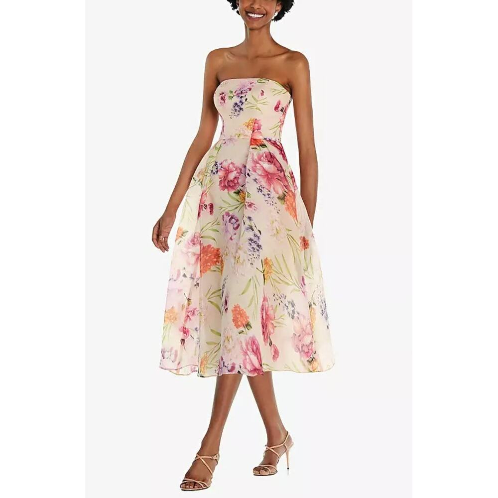 Alfred Sung Strapless Organdy Midi Dress Penelope Print Size 10 NWT Tea Length